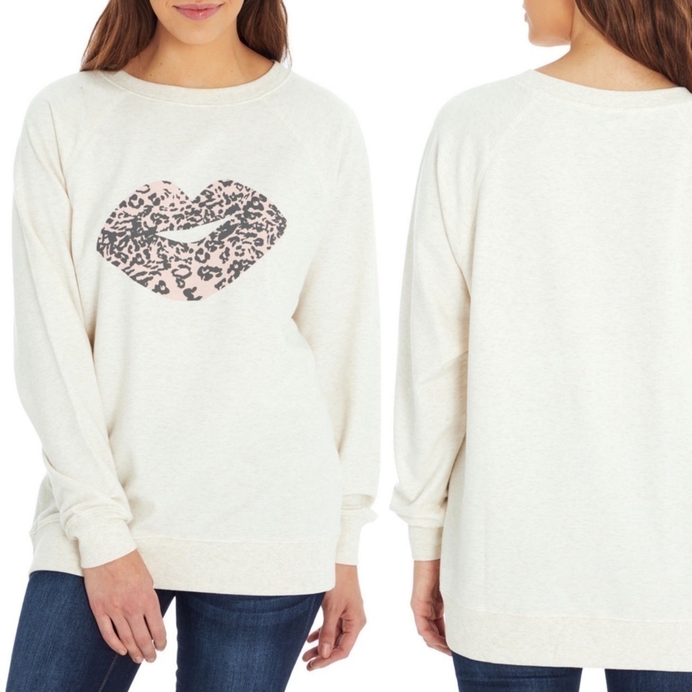 Wildfox Oversized Slouchy Cheetah Print Lips Graphic Sweatshirt Size Large